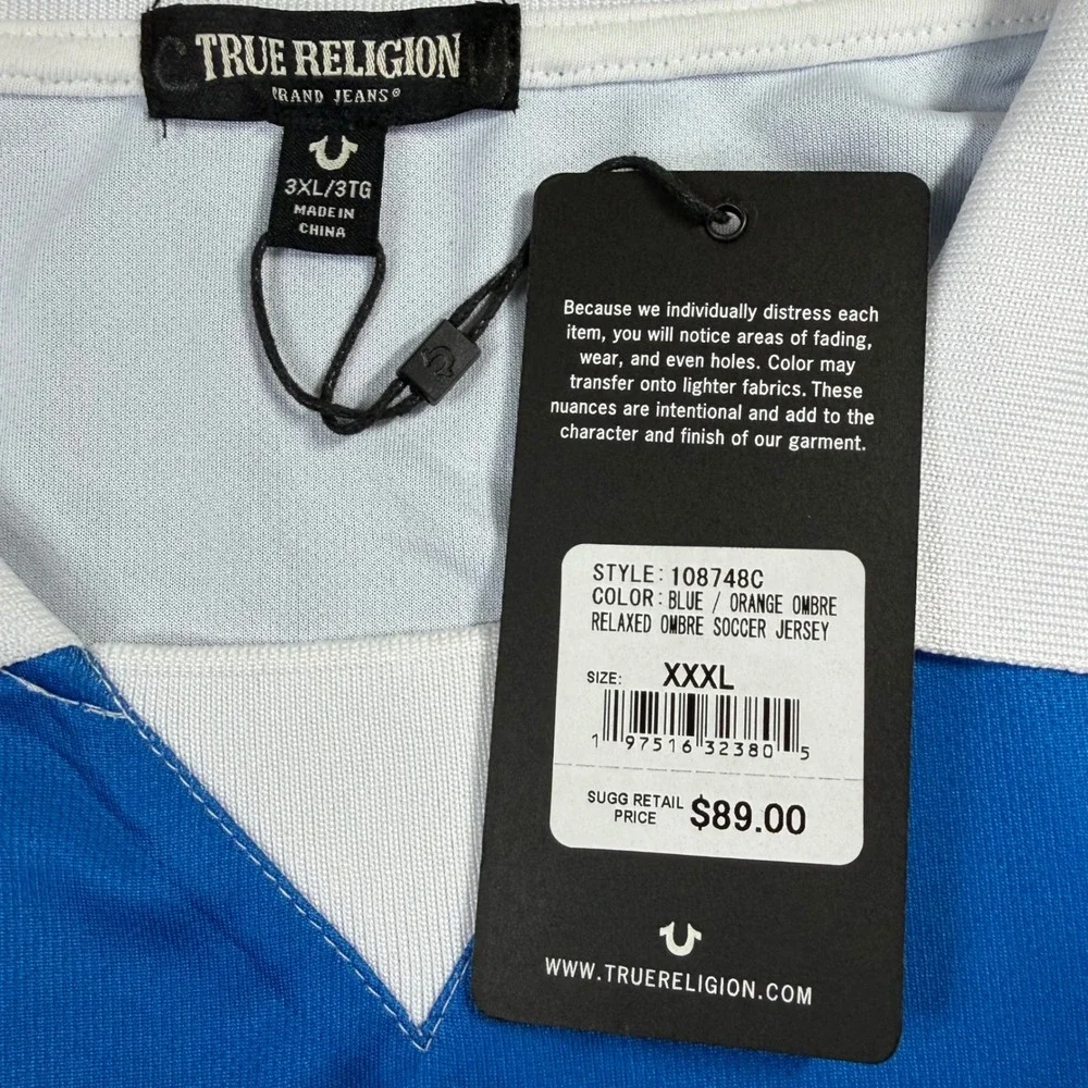 True Religion Relaxed Ombre Soccer Jersey Mens 3XL Blue Orange Ombre